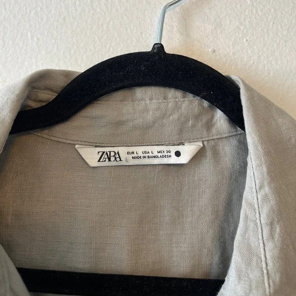 Zara 100% Linen Taupe Gray Lightweight Boxy Shirt Size Large Button Down Casual - Picture 7 of 11